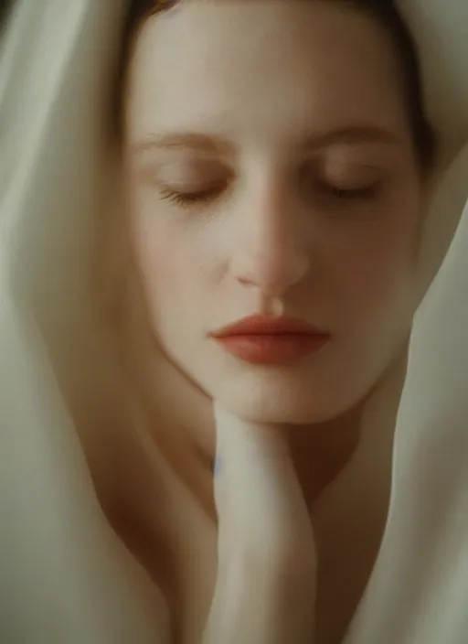 Image similar to out of focus photorealistic portrait of a beautiful!!! aesthetic!!! pale woman by saul leiter, behind a white latex sheet, very blurry, translucent white skin, closed eyes, foggy