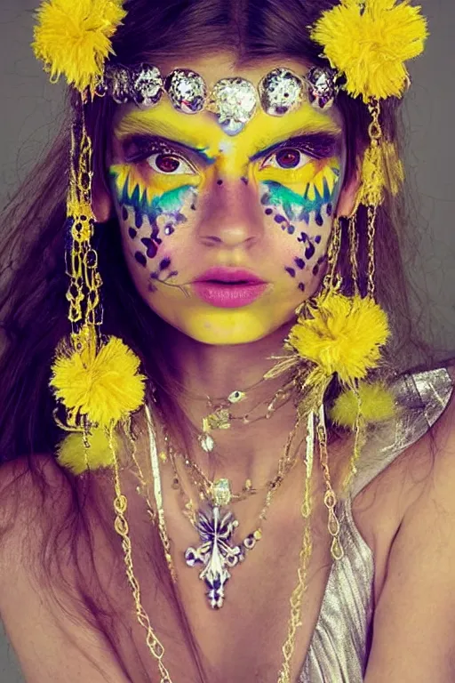 Image similar to light bohemian pinterest sofia coppola floral fantasy fashion zine photography, teen magical girl girl styled in a yellow and silver patterned bright dress layers geometric festival face paint and ornate crystal chain jewelry headpiece, elaborate enchanted ritual scene, wide shot