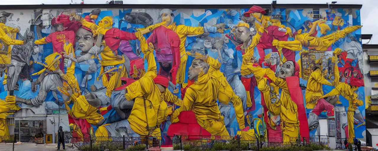 Prompt: a huge and complex mural by blu gemeos, street art style, graffiti, hyperdetailed