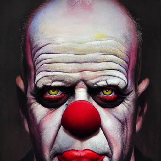 Prompt: UHD hyperrealism painting of Bruce Willis dressed as a clown, wearing clown makeup, by Antonio Caparo and Ferdinand Knab and Greg Rutkowski, UHD, photorealistic, trending on artstation, trending on deviantart, correct face, real clown makeup