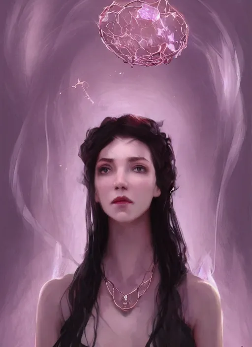 Image similar to character concept portrait of an attractive young focused Spanish witch with pale pink skin and a crystal necklace enchanting a glowing seduction spell, a floating glowing spell book in the center, intricate, elegant, digital painting, concept art, smooth, sharp focus, illustration, from Metal Gear, by Ruan Jia and Mandy Jurgens and William-Adolphe Bouguereau, Artgerm