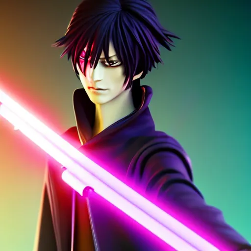 Image similar to eccentric Lelouch Lamperouge holding a lightsaber, mysterious man, octane 8k, aesthetic cyberpunk, lightsaber duel, 2022, beautiful reflections, octane render, purple lightsaber