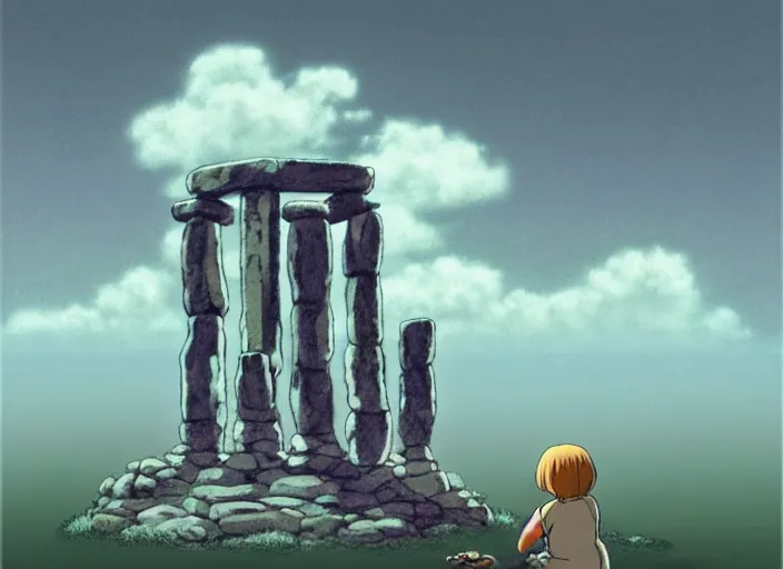 Image similar to a realistic cell - shaded studio ghibli concept art from paprika ( 2 0 0 6 ) of a magic ritual from close encounters of the third kind ( 1 9 7 7 ) and a grey creature meditating on top of a pillar in a flooded stonehenge on a misty starry night. very dull colors, hd, 4 k, hq