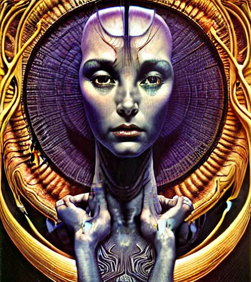 Prompt: detailed realistic beautiful young cher alien robot as queen of andromeda galaxy portrait by zdzisław beksinski, iris van herpen, jean delville, gustave dore and marco mazzoni, art nouveau, symbolist, visionary, baroque, giant fractal details. horizontal symmetry by raymond swanland and alphonse mucha. highly detailed, hyper - real, beautiful