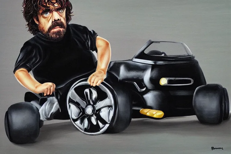 Image similar to black velvet painting of peter dinklage driving a little tikes crazy coupe