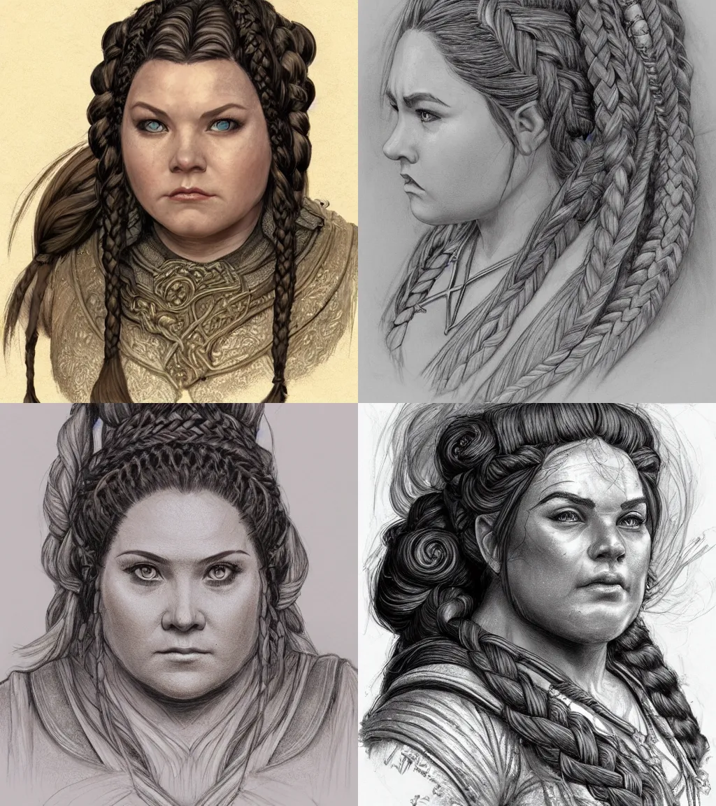 Prompt: plump female dwarven commoner | complex braided hairstyle | pencil sketch | hyperdetailed | donato giancola | bust portrait | dungeons and dragons |