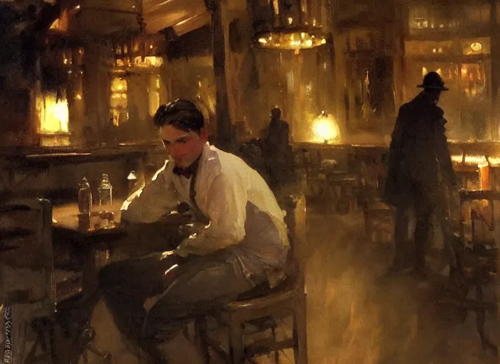 Image similar to oil watercolor painting of young guy in western bar, mysterious light, art by anders zorn, wonderful masterpiece by greg rutkowski, beautiful cinematic light, american romanticism by greg manchess, creation by tyler edlin