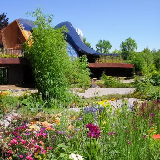 Image similar to earthship house with pond and cottage garden