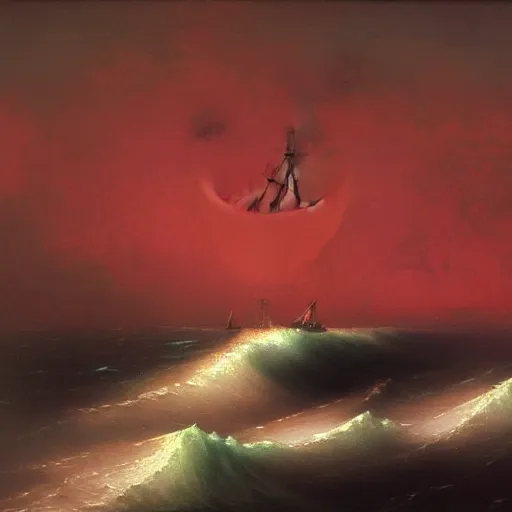 Prompt: bloody ocean, rusted iron ship sinking in red blood ocean, by Ivan Aivazovsky, junji ito, hd 8k, rusted big ship