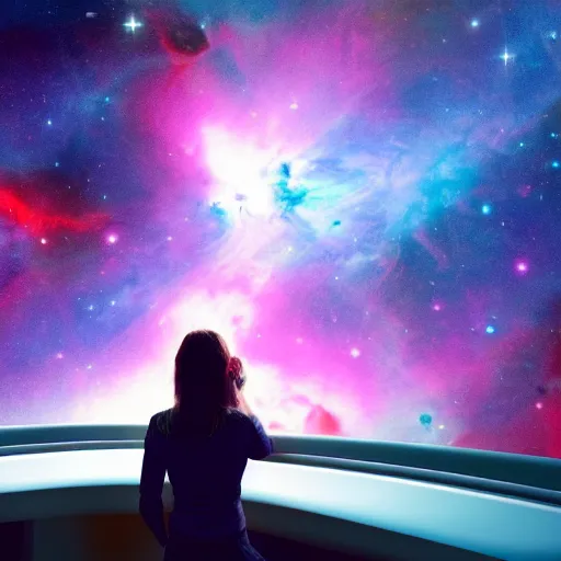 Prompt: a beautiful photograph of a woman looking out the window of a starship at a vibrant nebula, photograph from a distance, cinematic lighting