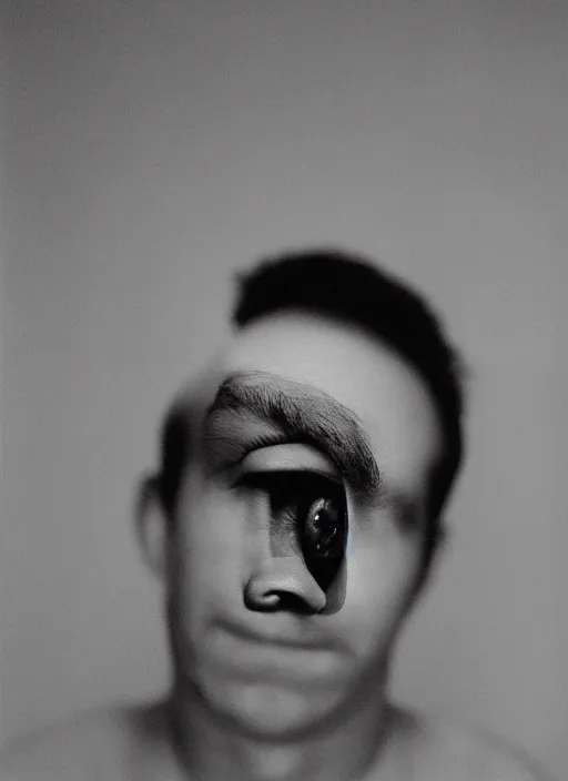 Image similar to studio portrait of a man who has many pairs of eyes all over, eyes on chin, eyes on forehead, eyes eyes eyes. dusk, sunset, film photo, rollei 3 5 camera, tri - x film