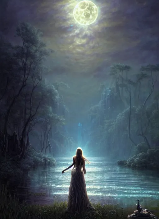 Prompt: fantasy book cover, full moon, fantasy bayou landscape, goddess in a flowing dress in the middle, back view, iridescent elements, fantasy magic, dark light night, intricate, elegant, sharp focus, illustration, highly detailed, digital painting, concept art, matte, art by wlop and artgerm and greg rutkowski and albert bierstadt, masterpiece