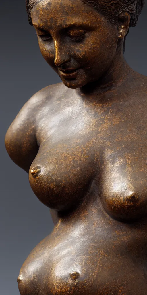 Image similar to detailed photo of an old bronze patina statue of a beautiful curvy woman portrait, intricate detail, museum diffuse lighting