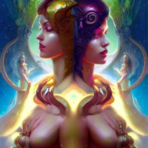 Image similar to beautiful gemini good and evil fantasy female character portrait, highly saturated colors, ultra realistic, wide angle, intricate details, the fifth element artifacts, holographic undertones, highly detailed by peter mohrbacher, hajime sorayama, wayne barlowe, boris vallejo, aaron horkey, gaston bussiere, craig mullins