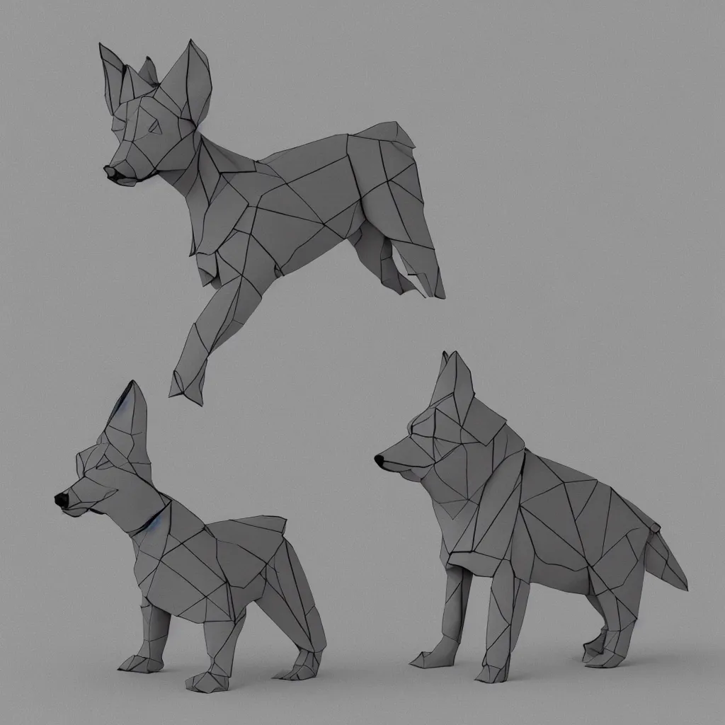 Image similar to 3 d rendering of japanese paper origami of simplified shape of german shepherd, 2 d image