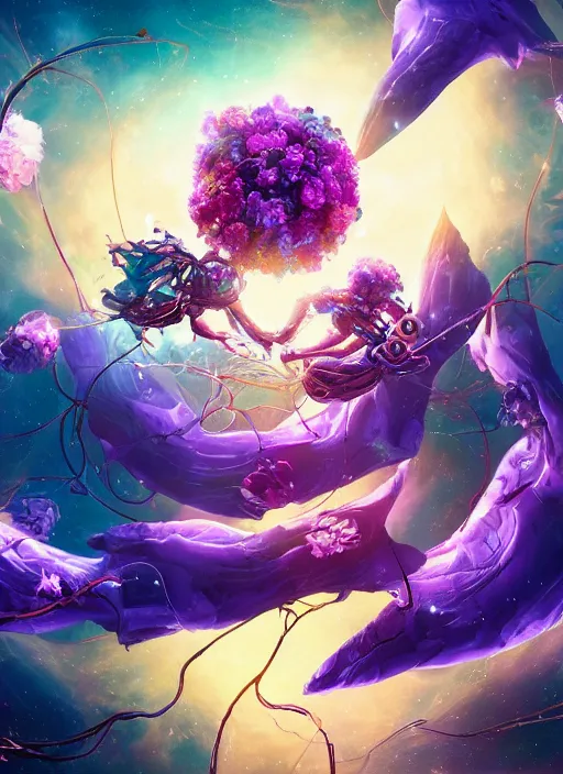 Image similar to An epic fantastic realism comic book style painting of the most beautiful entwined flowers launched across the galaxy, floating bouquets, fisheye, lightning creating life, unreal 5, DAZ, hyperrealistic, octane render, dynamic lighting