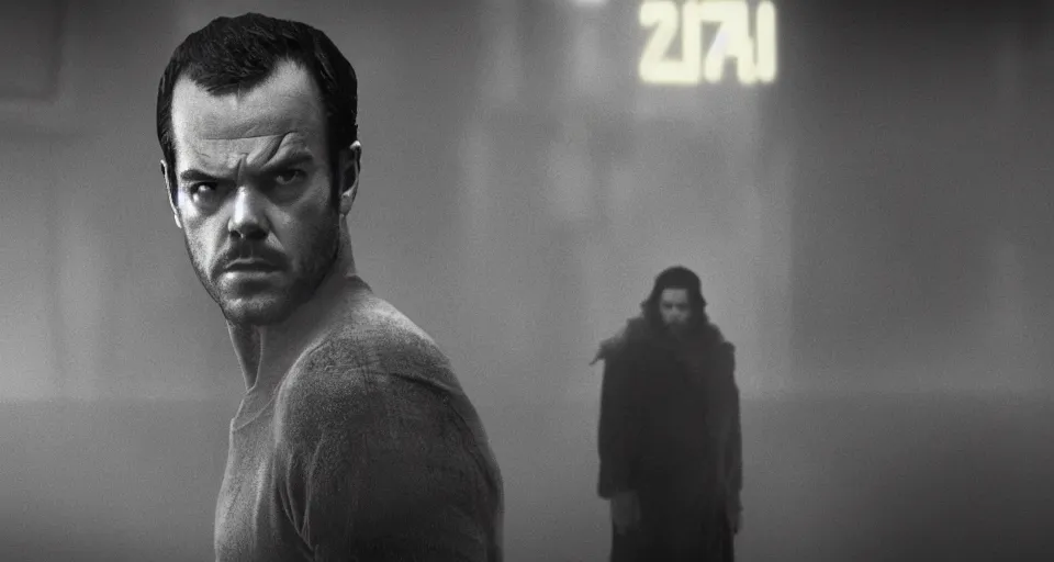 Prompt: young Jack Nicholson in Blade Runner 2049, high contrast cinematic film still