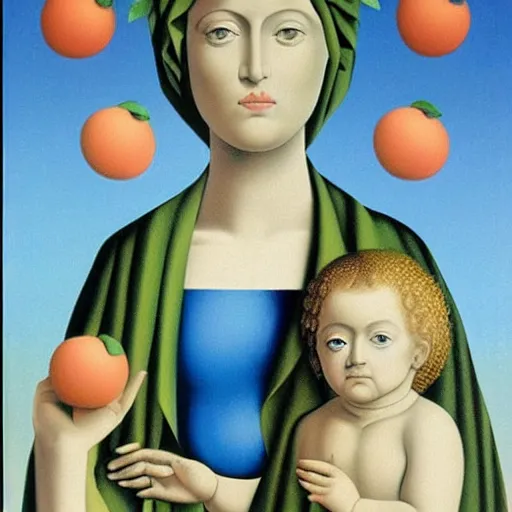 Image similar to a vivid painting of the Madonna and child by Rene Magritte, detailed image, surreal, blue and peach and red palette