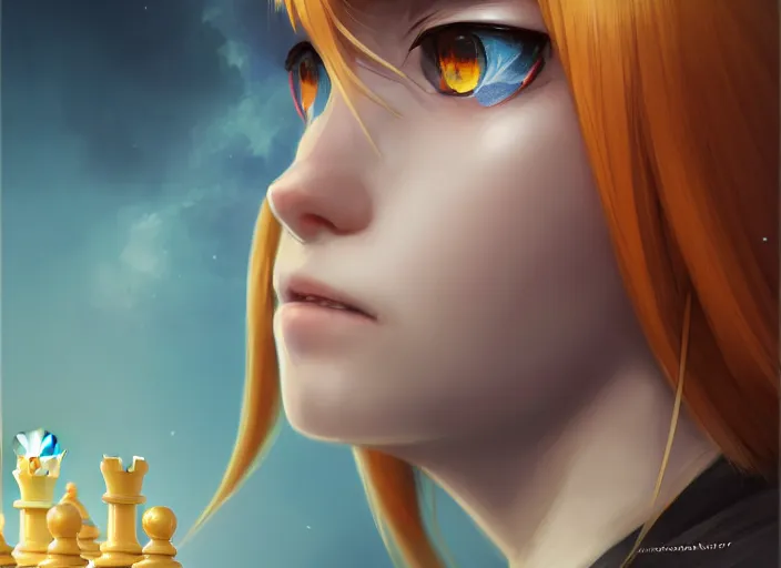 Image similar to profile shot of rimuru tempest playing chess, with amber eyes of golden colored eyes, straight hair, sky blue hair, long bangs, high collar, concept art, award winning photography, digital painting, cinematic, by wlop, anime key visual, wlop, 8 k, by ross tran, tom bagshaw, andy warhol