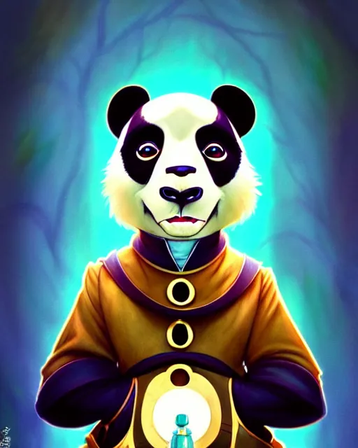 Image similar to don bluth, loish, artgerm, joshua middleton, steampunk, clockpunk anthropomorphic panda, full sailor suit, symmetrical eyes symmetrical face, colorful animation forest background