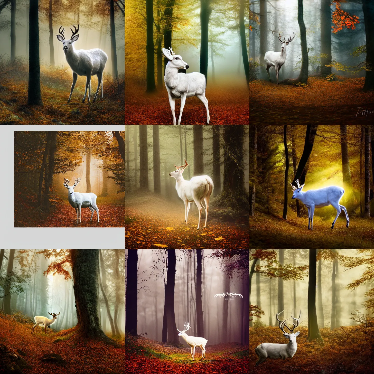 Prompt: a beautiful illustration of a white deer with antler, in a forest, autumn, volumetric light, depth of field, fantasy, morning light, mist, dreamy atmosphere, cinematic shot, high definition, detailed, papercut style