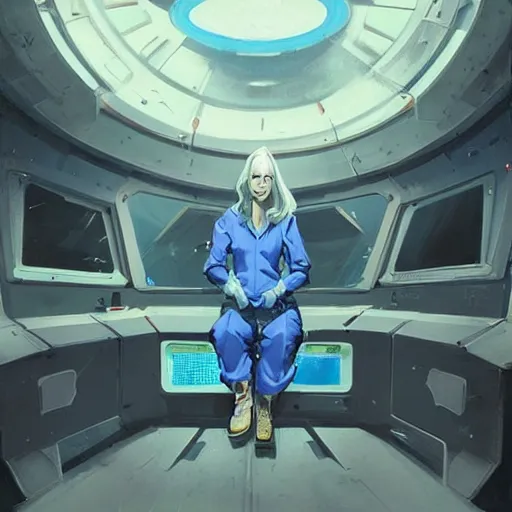 Image similar to concept art by greg rutkowski, a very tall, and slender blonde woman, wearing blue utilitarian jumpsuit, sitting in the spaceship command bridge, brutalist futuristic interior, dark lighting atmosphere, detailed portraits, nostalgic atmosphere, scifi, digital painting, artstation, concept art, smooth, sharp foccus ilustration, artstation hq