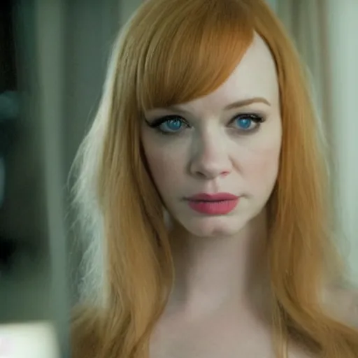 Prompt: amazing beautiful Christina Hendricks with huge puffy lips in the living room, film still from the movie directed by Denis Villeneuve , wide lens