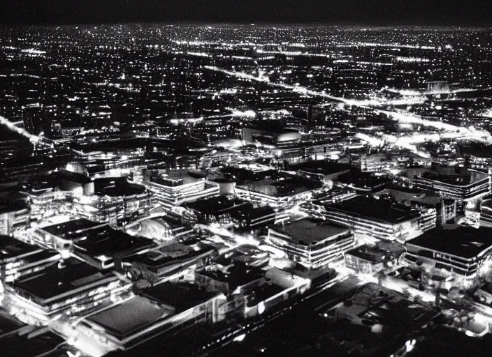 Prompt: looking up at a sprawling building complex seen from a dark parking lot in los angeles at night. 1 9 9 0 photo by james cameron