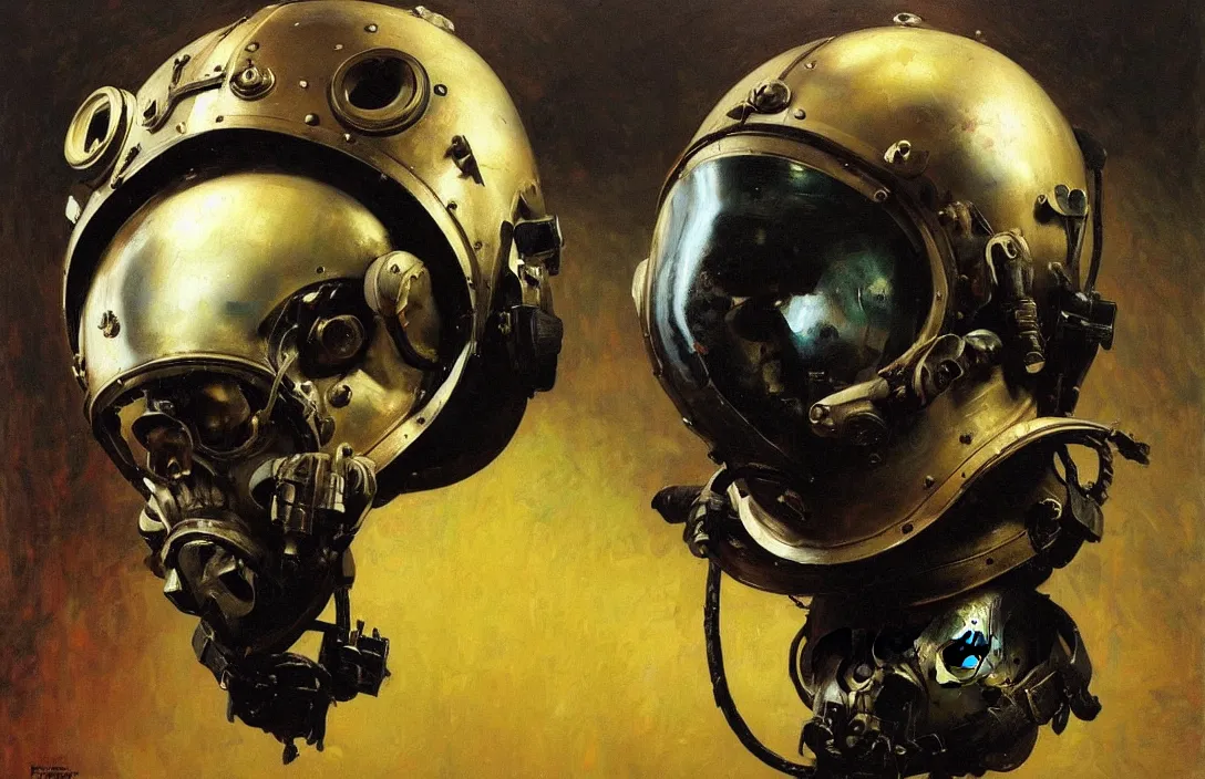 Image similar to portrait of deep sea diver helmet!!!!!!!!!!!!!!!!!!!!!!!!!!!, detailed skull face, detailed painting, epic lighting, by ilya repin, phil hale and kent williams