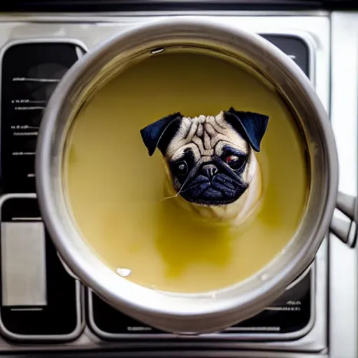 Image similar to An adorable pug sitting in a pot of soup on top of a stove, high resolution photograph