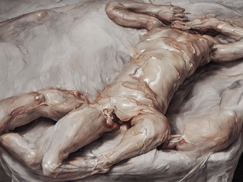 Image similar to Jenny Saville female body on a bed made of water