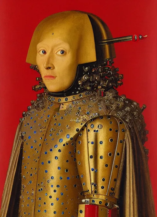 Image similar to a portrait of a warrior robot by Jan van Eyck