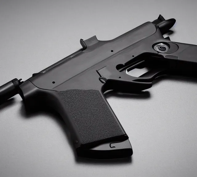 Image similar to a 4 k photorealistic photo product photo of a gun designed by apple inc.