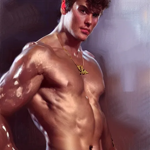 Image similar to detailed realistic cinematic wide shot of beautiful attractive muscular john green with gold chain wearing blue bath robe slim face symettrical face clean skin black eyes black robe smooth, sharp focus, ultra realistic, spring light, painting by gaston bussiere, craig mullins, j. c. leyendecker