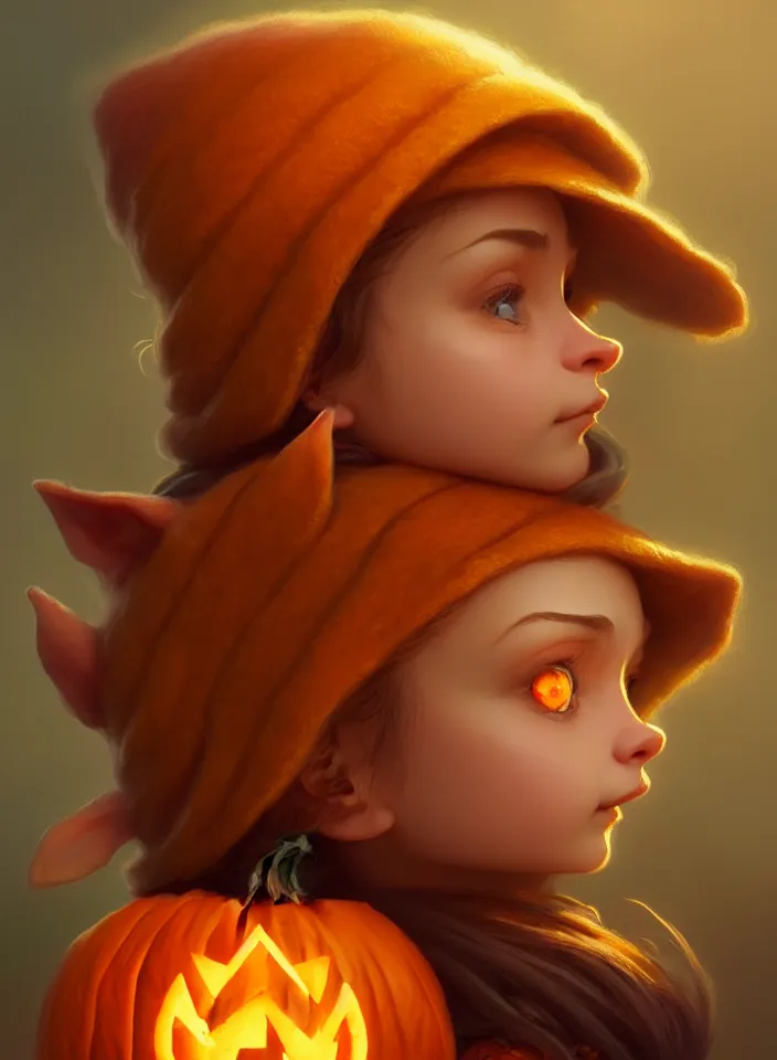 Image similar to hand drawn cute one gnomes face in autumn and pumpkin, detailed closeup face, concept art, low angle, high detail, warm lighting, volumetric, godrays, vivid, beautiful, trending on artstation, art by artgerm and greg rutkowski and alphonse mucha