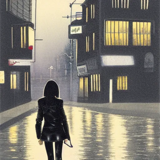 Image similar to girl in leather jacket walking down rainy city street at night, Kiyohiko Azuma