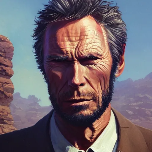 Image similar to highly detailed portrait, clint eastwood of cowboy, in gta v, stephen bliss, unreal engine, fantasy art by greg rutkowski, loish, rhads, ferdinand knab, makoto shinkai and lois van baarle, ilya kuvshinov, rossdraws, tom bagshaw, global illumination, radiant light, detailed and intricate environment