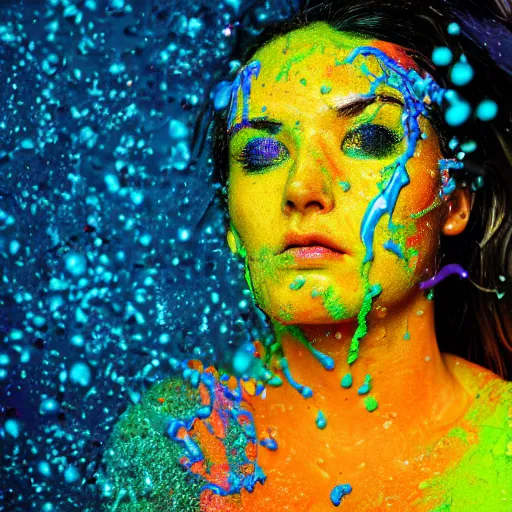 Image similar to a photo of a woman drowning in different colourful slime with golden sprinkles. moody and melanchonic.