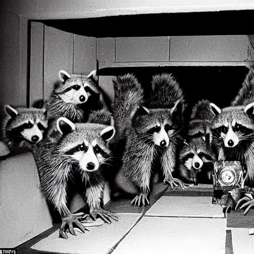 Image similar to 1 9 8 0's award winning sci - fi movie still, a group of raccoons wearing dark cult robes look towards the camera in surprise and anger as they perform a dark occult evil ceremony inside the secret lair of an underground mystery cult, dramatic candlelight, pentagrams, ultra - detailed, photorealistic, 4 k