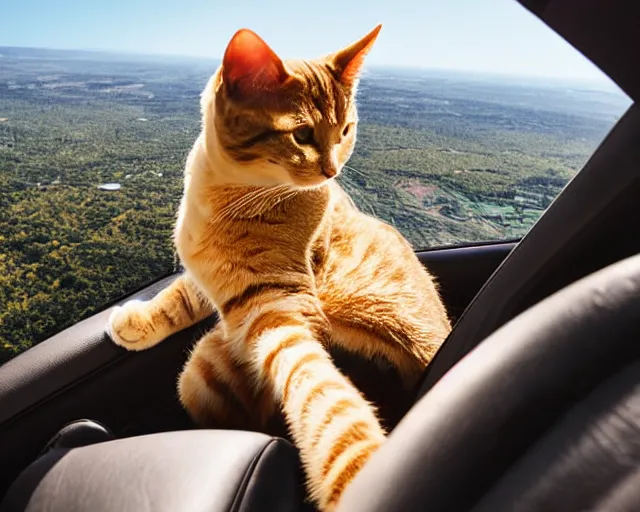 Prompt: top view of convertible, cat sitting in driver seat with paws on steering wheel, golden hour