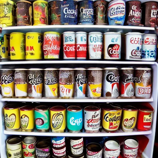 Image similar to a fridge full of coffee cups, coca colas and monsters cans