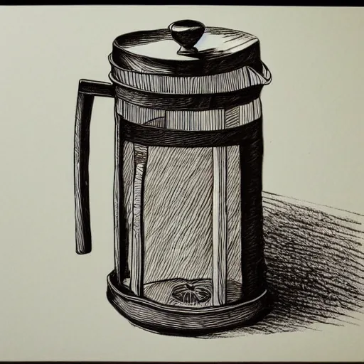 Prompt: coffee french press hand drawn ink on paper, high detail, denoised