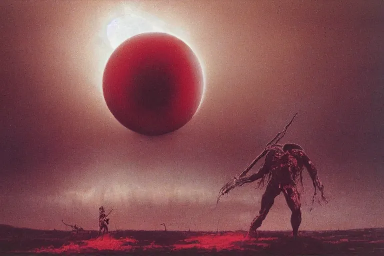 Prompt: band of warrior activate behelit in the middle of eclipse, human sacrifice ,dark sky, red cloud, sea of blood, beksinski