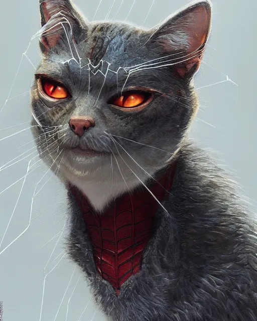 Image similar to spiderman the cat | highly detailed | from the pixar film sneaky cats | very intricate | cinematic lighting | award - winning | closeup portrait | by donato giancola and mandy jurgens and charlie bowater | featured on artstation