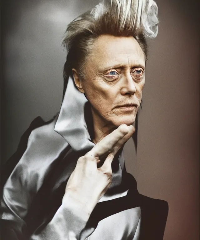 Image similar to a color photograph of christopher walken, by annie leibovitz and thomas ruff, platinum blond, intense, bold, exaggerated, overblown, ultra sharp, extra details, ultra high quality, trending on pinteresst