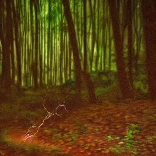 Image similar to midnight trail cam footage of a Sonic the Hedgehog in a dark forest, flash photo, grainy, motion blur