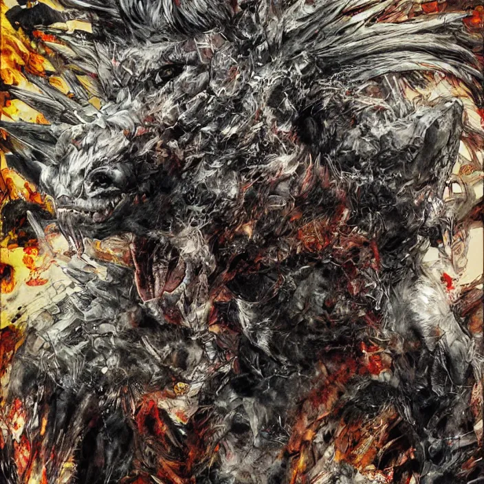 Image similar to hell dog creature, painting, by greg ruthowski, yoshikata amano, yoji shinkawa, alphonse murac, collaborative artwork, beautifully drawn, heavily detailed