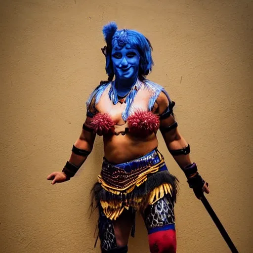 Prompt: full body photo of a female jester amazon warrior