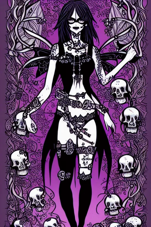 Prompt: fantasy comic style full body portrait of a gothic fairy surrounded by skulls and mushrooms, in the style of wendy pini and Æon Flux, intricate, fine inking lines, extremely detailed, flat colors