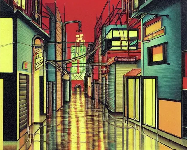 Prompt: cozy soft neon street with in a cyberpunk city on a rainy melancholy osaka night in 1 9 9 6 by de chirico